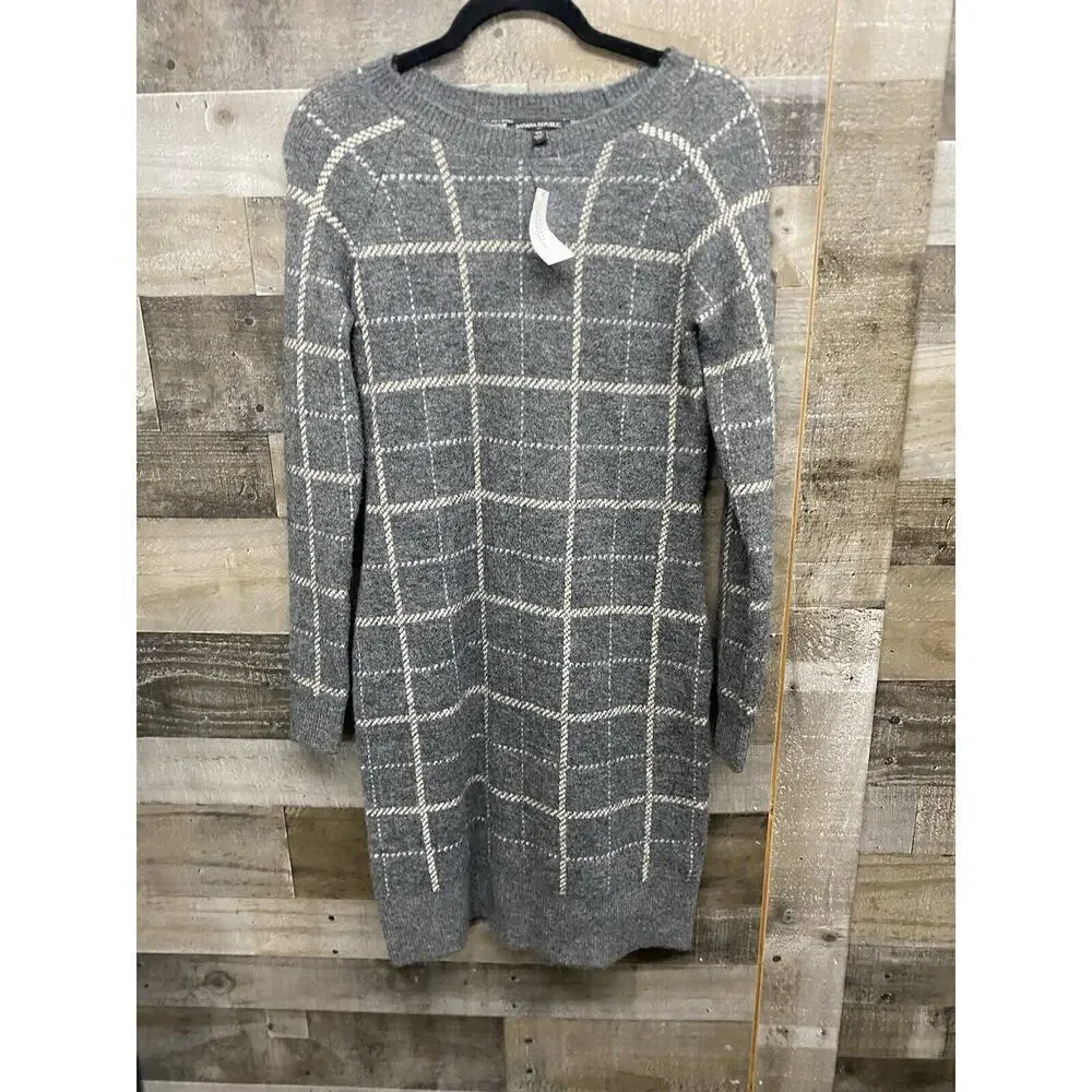 BANANA REPUBLIC Windowpane Sweater Dress Gray White Striped Turtleneck Sz XS NEW